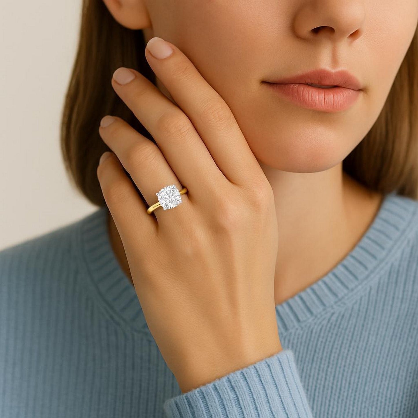 3 Carat Cushion Lab Grown IGI G/VS1 Diamond Solitaire Ring in 14K Yellow Gold