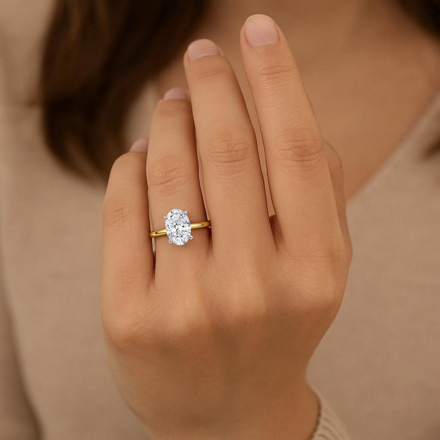 3 Carat Oval Lab Grown IGI G/VS1 Diamond Solitaire Ring in 14K Yellow Gold