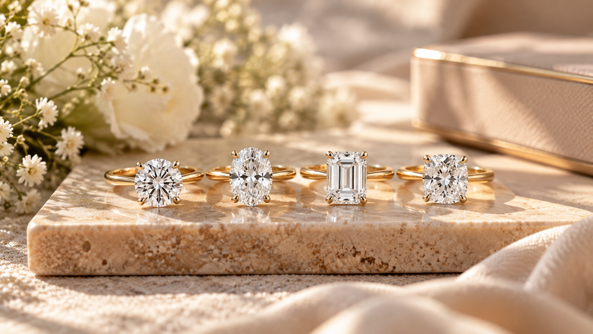 Round, oval, cushion and emerald cut diamond rings