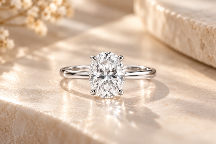 2 Carat Oval Lab Grown IGI G/VS1 Diamond Solitaire Ring in 14K White Gold