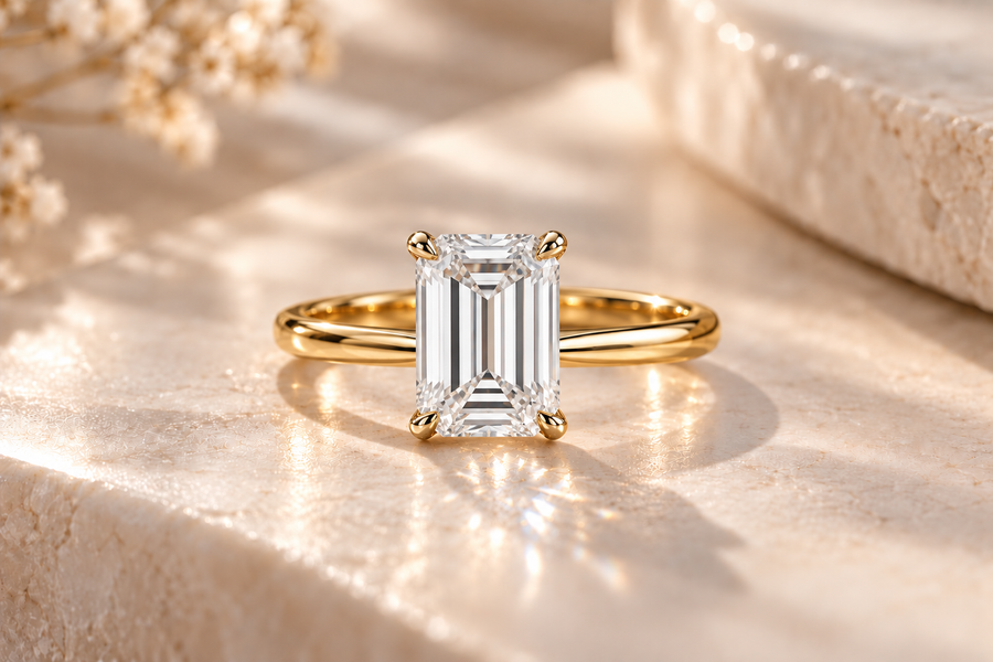 3 Carat Emerald Lab Grown IGI G/VS1 Diamond Solitaire Ring in 14K Yellow Gold