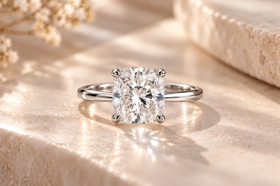 5 Carat Cushion Lab Grown IGI G/VS1 Diamond Solitaire Ring in 14K White Gold
